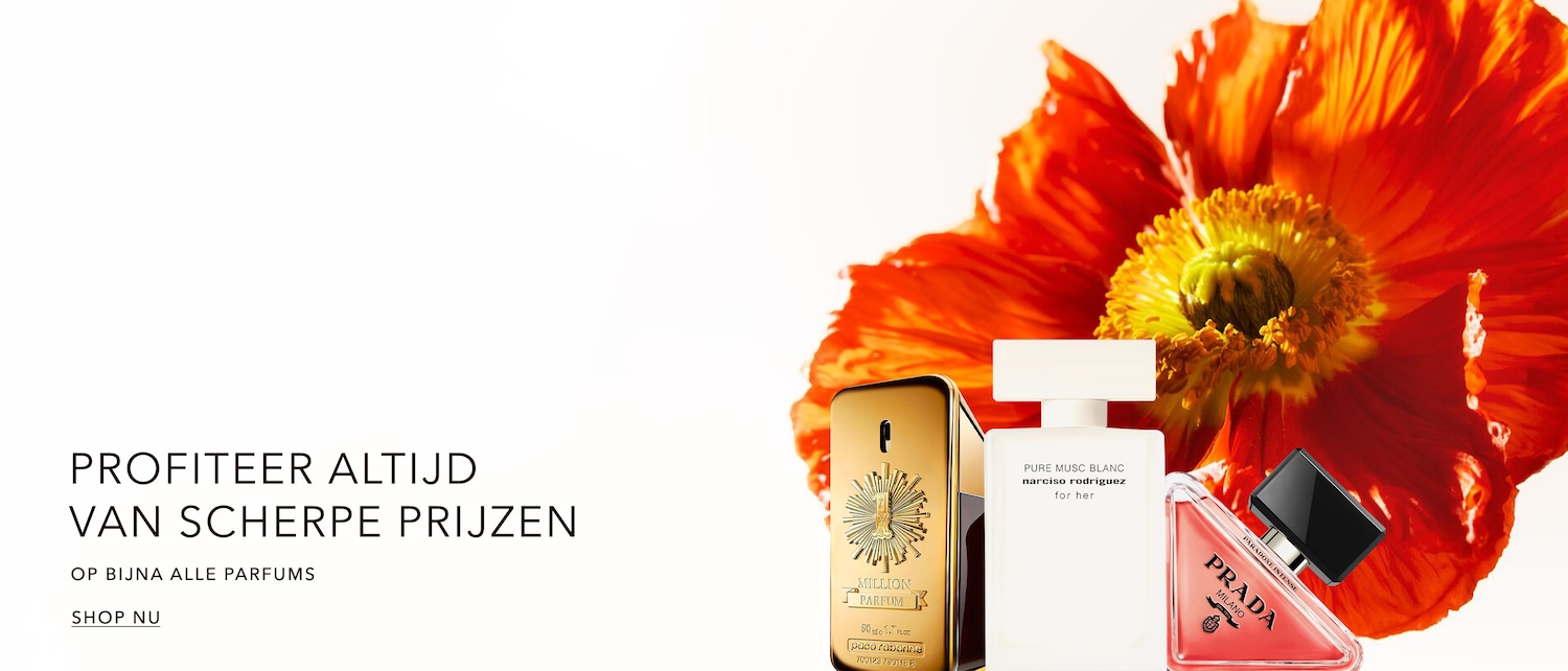 Profiteer altijd van scherpe prijzen op bijna alle parfums, met gouden, witte en roze parfumflessen naast een heldere oranje bloem. Shop nu!