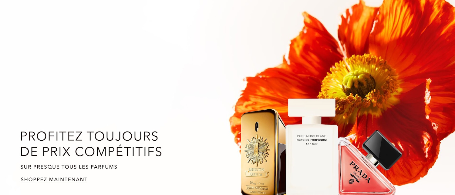 Découvrez une sélection de parfums, incluant des fragrances de Paco Rabanne, Narciso Rodriguez et Prada, présentés avec une fleur rouge éclatante, et profitez de prix compétitifs. Shoppez maintenant!