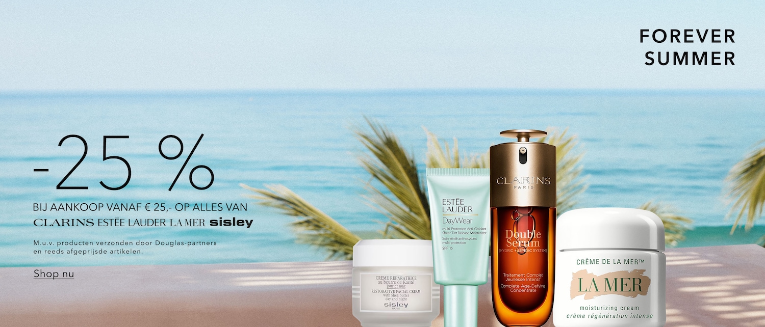 Ontdek de Forever Summer aanbieding met 25% korting op Clarins, Estée Lauder, La Mer en Sisley bij aankoop vanaf €25.