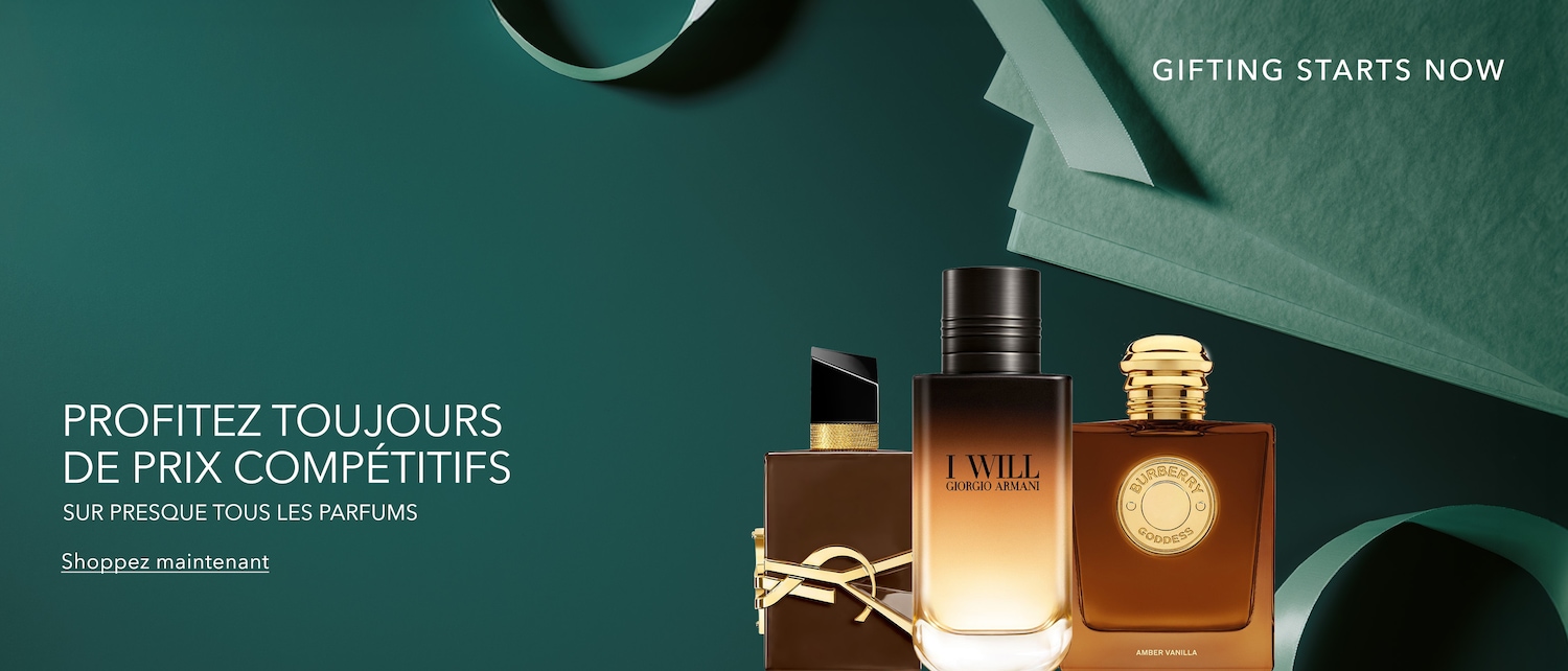 Profitez de prix compétitifs sur presque tous les parfums, avec "Gifting starts now" et trois flacons de parfum sur un fond vert foncé.