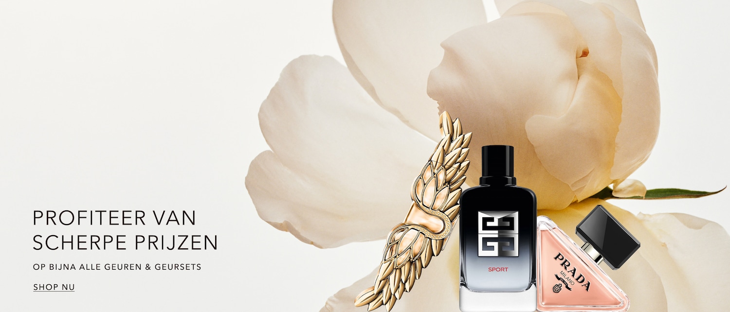 Geniet van scherpe prijzen op bijna alle geuren en geursets, met een zwarte Givenchy Sport parfumfles, een roze Prada Milano parfumfles en een gouden vleugeldecoratie tegen een zachte bloemachtergrond.