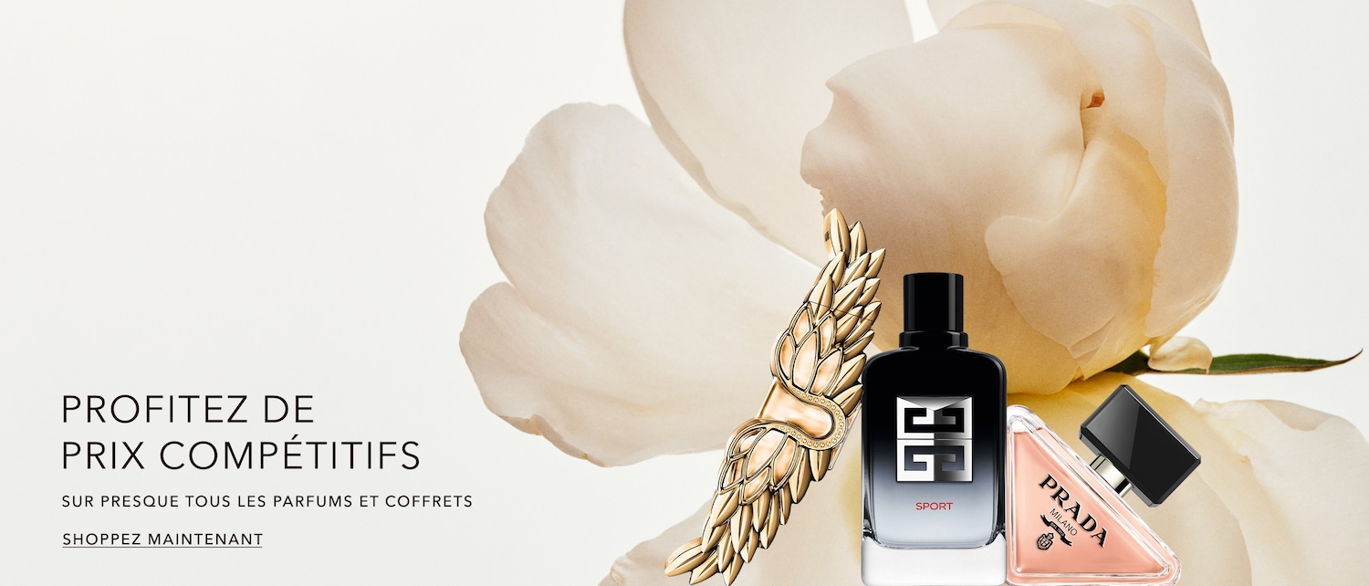 Découvrez des prix compétitifs sur une sélection de parfums et coffrets, avec un flacon noir Givenchy Sport, un flacon rose Prada Milano et un ornement doré en forme d'aile.
