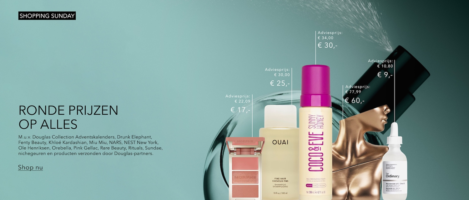 Ontdek "Shopping Sunday" met ronde prijzen op alles, inclusief merken zoals Morphe, Ouai, Coco & Eve en The Ordinary, met kortingen tot wel 60%.