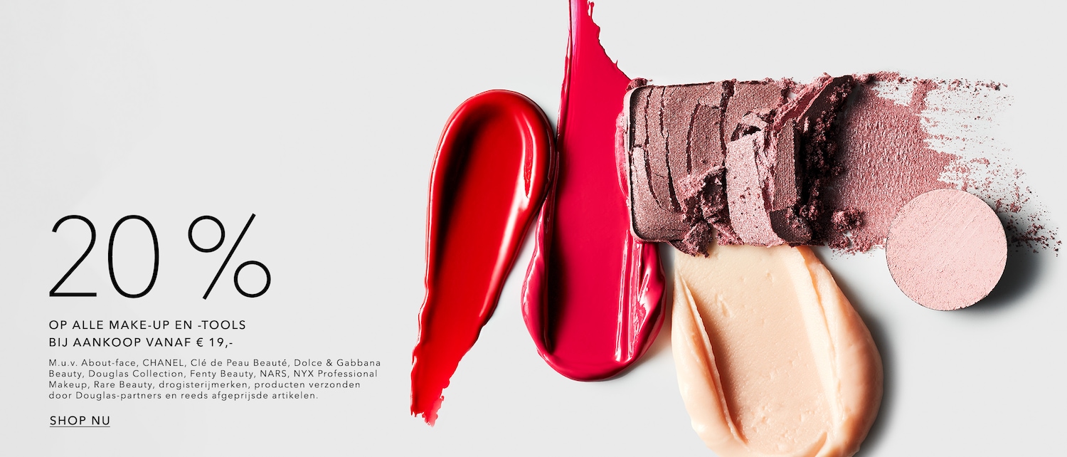 Ontdek een scala aan make-up en tools met 20% korting bij aankoop vanaf €19, inclusief merken zoals About-face, CHANEL en meer.