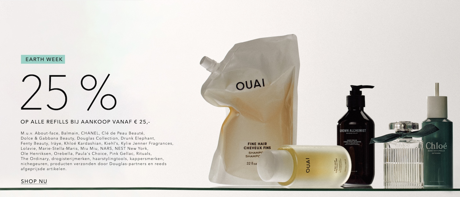 Het is Earth Week met 25% korting op alle refills bij aankoop vanaf € 25, bekijk merken zoals OUAI, Grown Alchemist en Chloé.