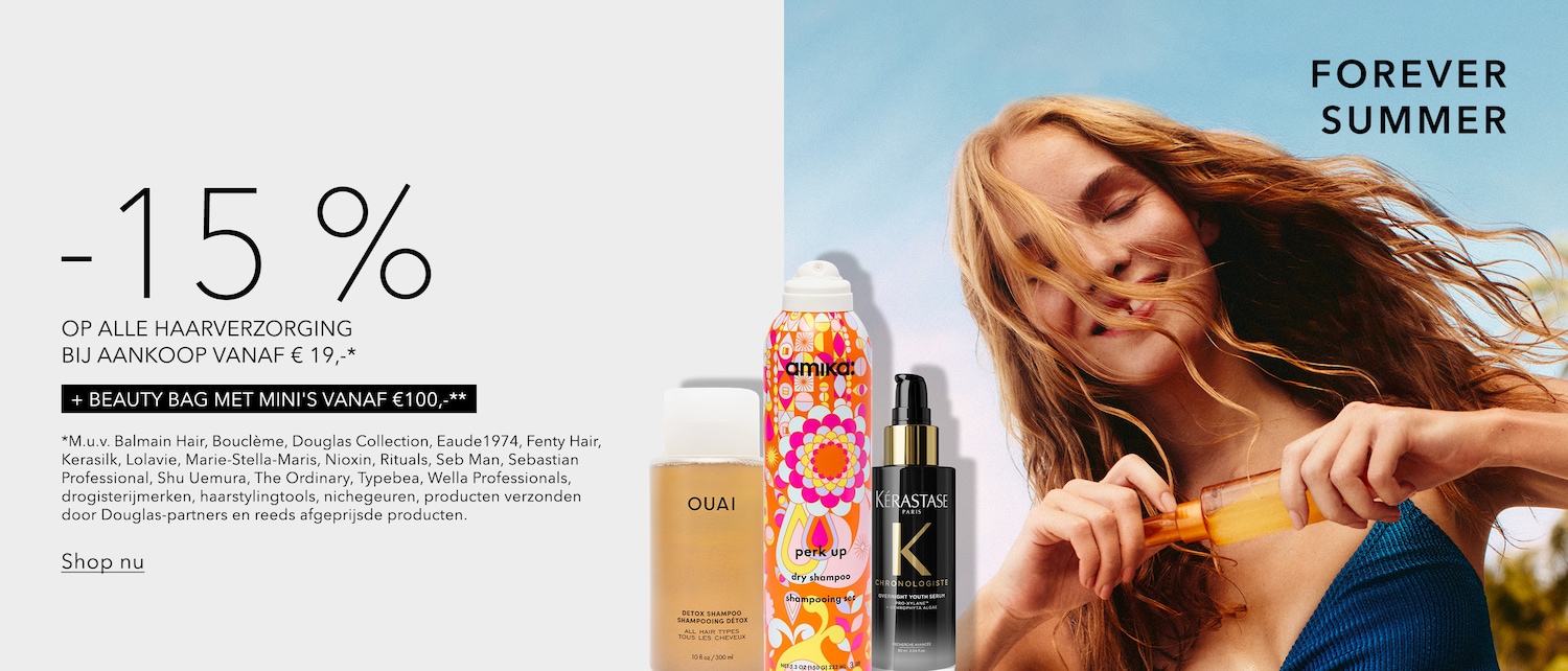 Profiteer van 15% korting op alle haarverzorging bij aankoop vanaf €19,- en ontvang een beauty bag met mini's vanaf €100,-, met uitzondering van specifieke merken en reeds afgeprijsde producten.