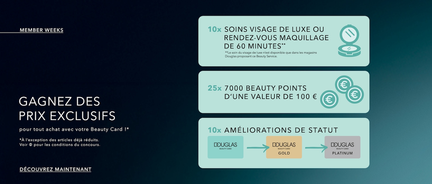 Profitez des Member Weeks et gagnez des prix exclusifs avec votre Beauty Card, incluant des soins visage de luxe, des points bonus et des améliorations de statut.