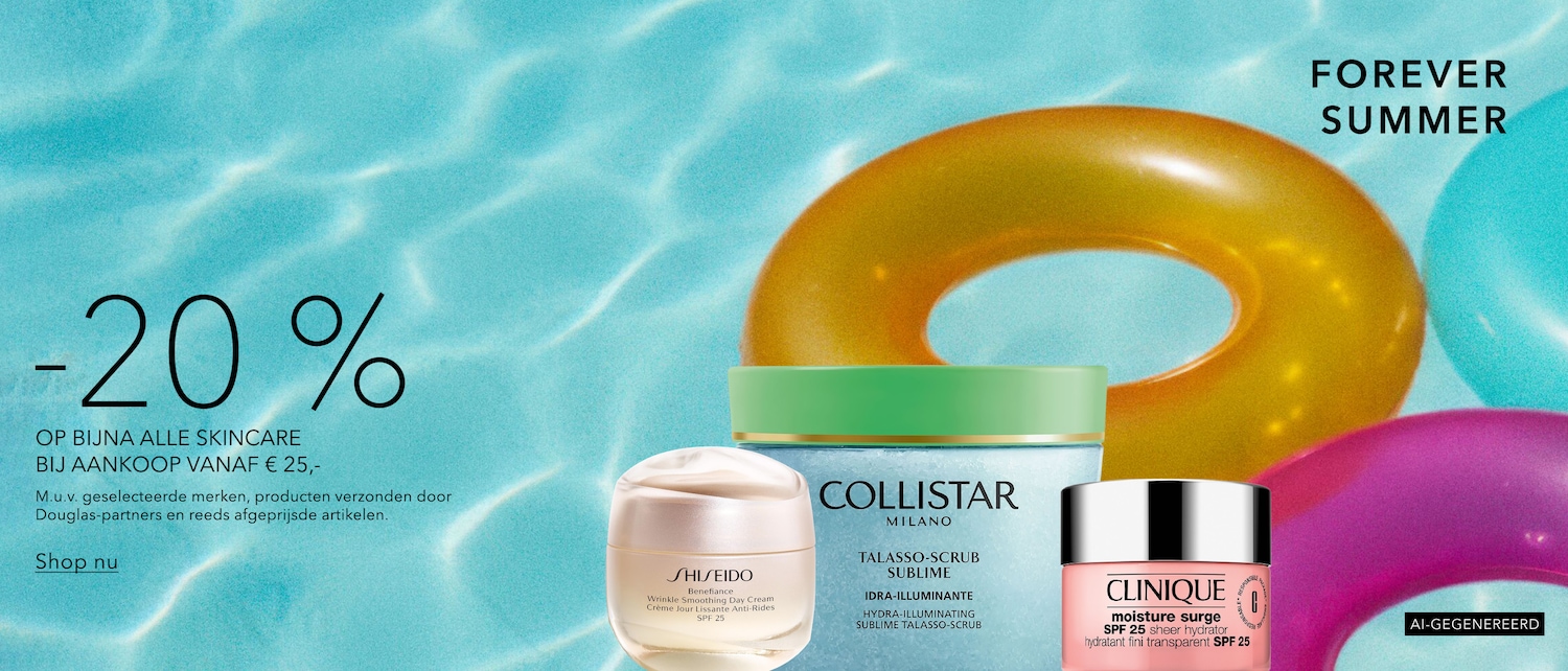 Ontdek de Forever Summer-collectie met 20% korting op bijna alle skincare bij aankoop vanaf €25, inclusief producten van Shiseido, Collistar en Clinique.