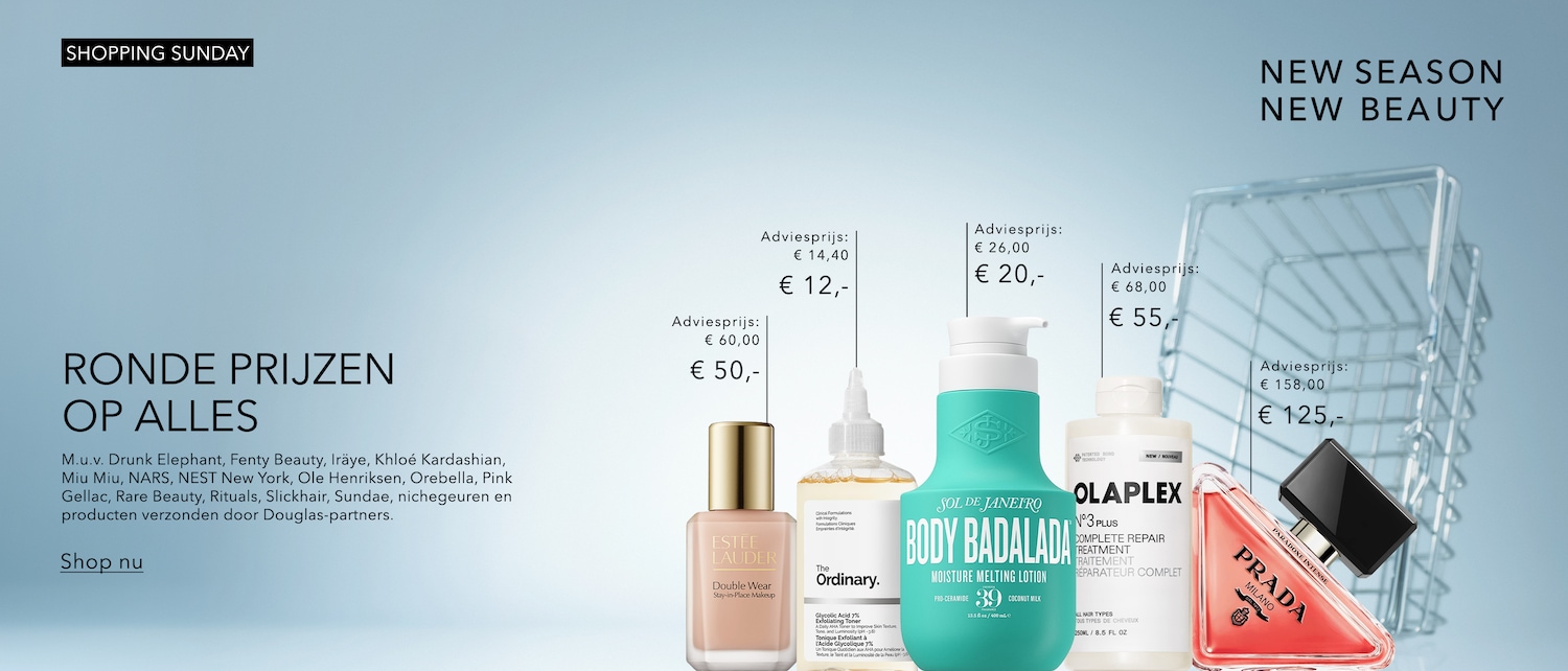 Ontdek "Shopping Sunday" met ronde prijzen op alles, behalve op specifieke merken en producten verzonden door Douglas-partners.