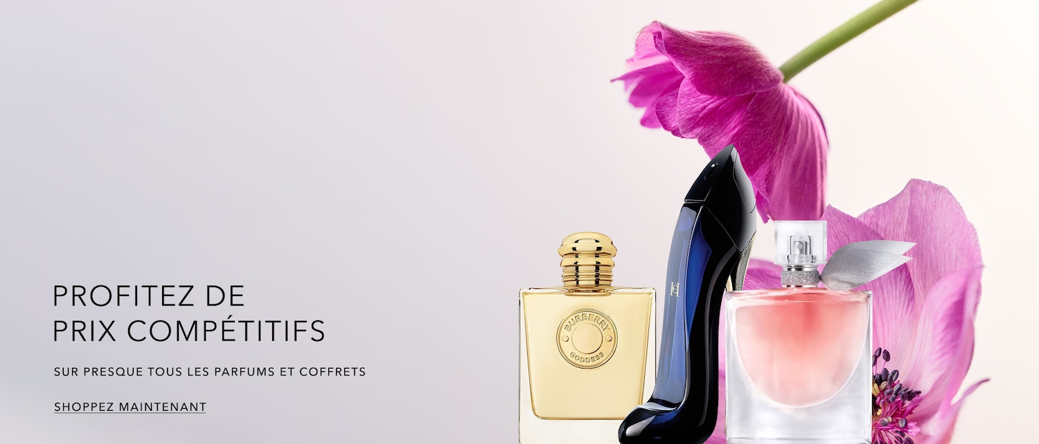 Profitez de prix compétitifs sur presque tous les parfums et coffrets, avec des parfums Burberry Goddess en or, Good Girl en bleu marine et La Vie Est Belle en rose, présentés avec une fleur rose. Shoppez maintenant.