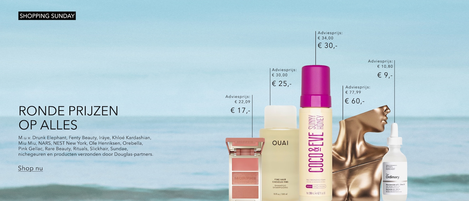 Ontdek de "Shopping Sunday" aanbiedingen met ronde prijzen op alles, inclusief merken zoals Drunk Elephant, Fenty Beauty, NARS en The Ordinary, met kortingen tot wel 25% op geselecteerde producten.