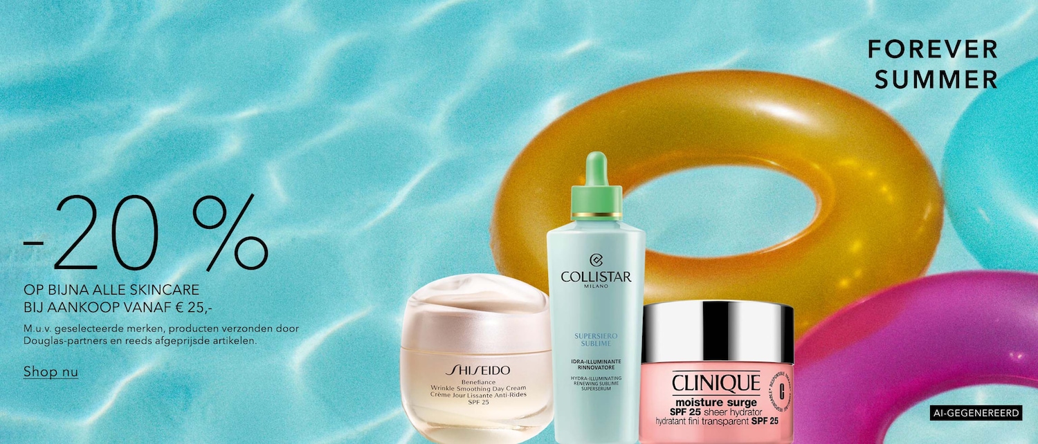 Profiteer van 20% korting op bijna alle skincare bij aankoop vanaf € 25,-, met uitzondering van geselecteerde merken, producten verzonden door Douglas-partners en reeds afgeprijsde artikelen.