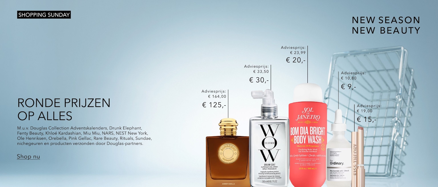 Ontdek de "Shopping Sunday" aanbiedingen met ronde prijzen op alles, inclusief Douglas Collection Adventskalenders en producten van topmerken zoals Drunk Elephant en Fenty Beauty.
