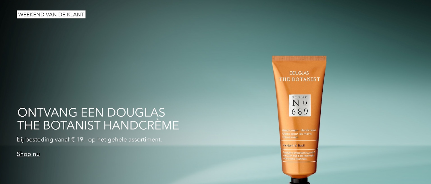 Ontvang een Douglas The Botanist handcrème bij besteding vanaf €19,- op het gehele assortiment. De oranje tube handcrème, met de tekst "BLEND No 689 Mandarin & Basil", staat prominent in beeld. Shop nu.