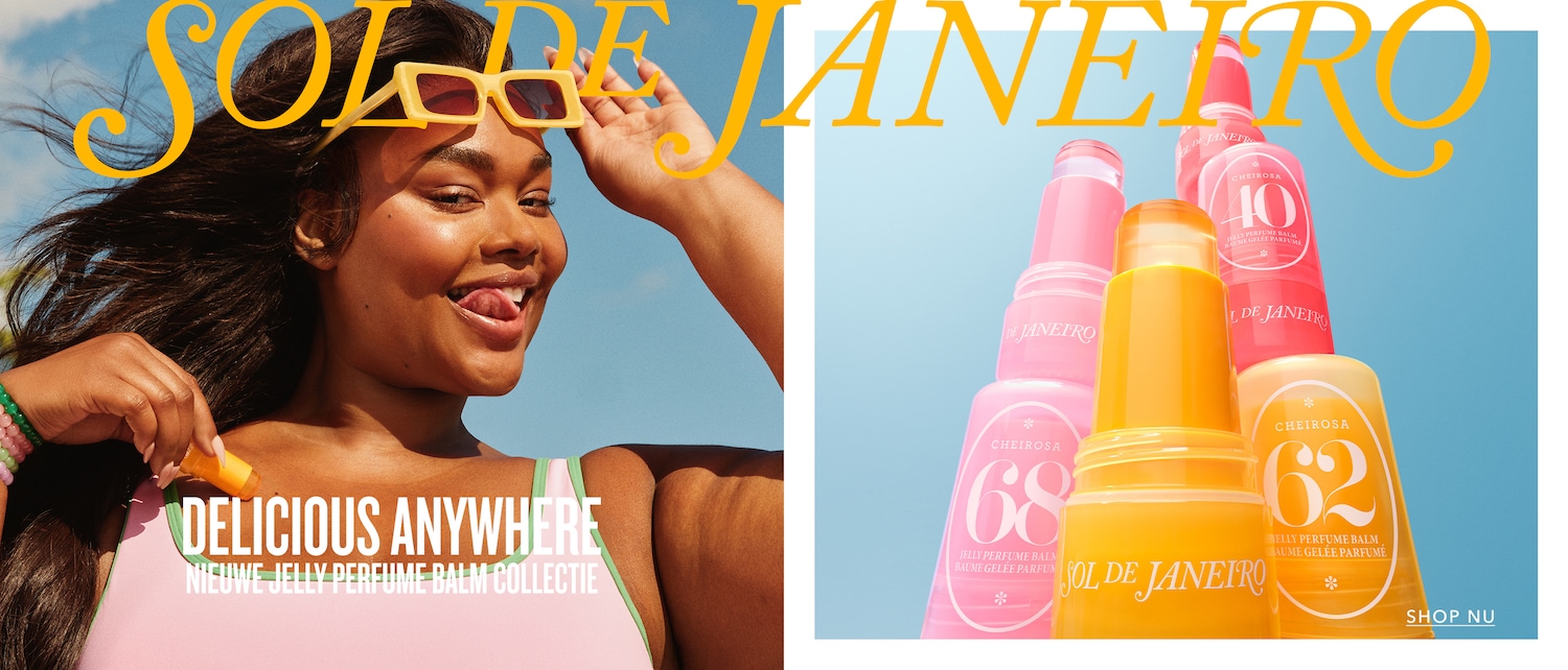Een stralende vrouw met een zonnebril brengt Sol de Janeiro Jelly Perfume Balm aan, met de tekst 'Delicious Anywhere' en een collectie kleurrijke parfumbalsems.