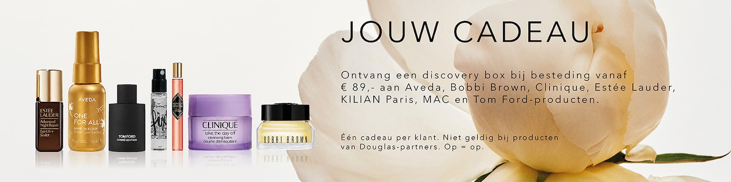 Ontvang een discovery box met producten van topmerken zoals Estée Lauder, Aveda, Tom Ford, MAC, Kilian Paris, Clinique en Bobbi Brown bij besteding vanaf €89.