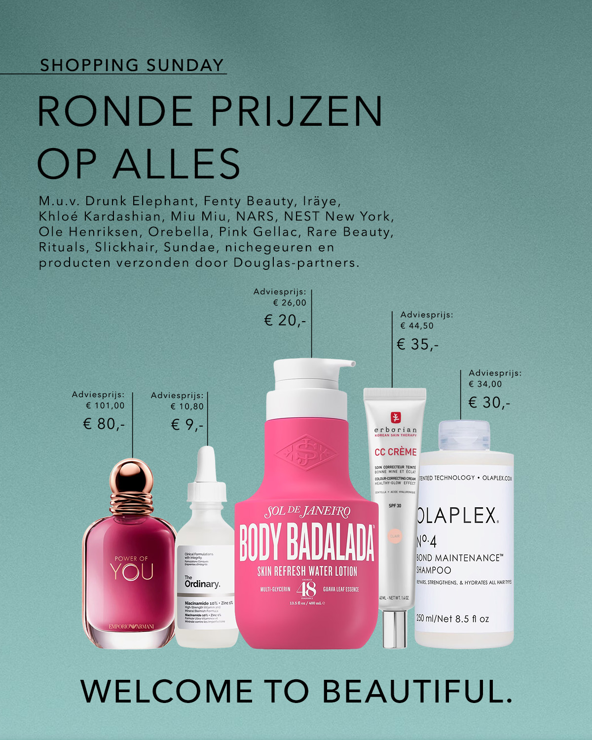 Shopping Sunday biedt ronde prijzen op alles van merken zoals Fenty Beauty en Rituals, met kortingen op parfums, crèmes en shampoos.