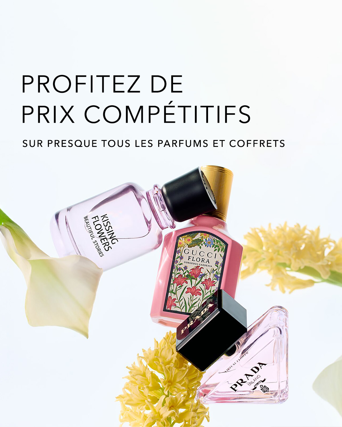 Découvrez des prix compétitifs sur presque tous les parfums et coffrets, avec des parfums de Gucci Flora et Prada, présentés avec des fleurs délicates.