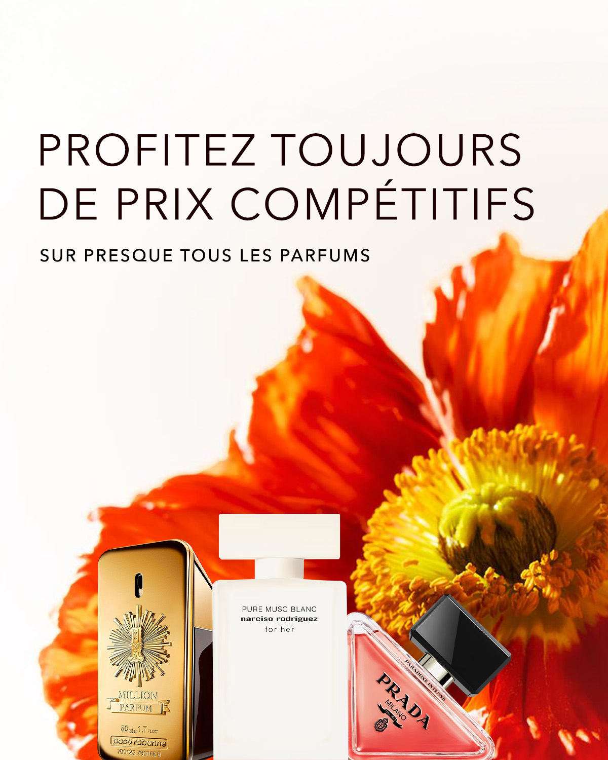 Découvrez des prix compétitifs sur presque tous les parfums, avec des fragrances comme 1 Million Parfum de Paco Rabanne, Pure Musc Blanc de Narciso Rodriguez et Paradoxe Intense de Prada.