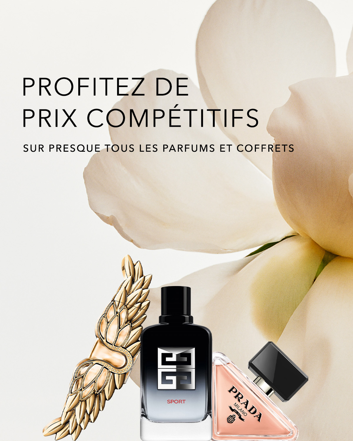 Profitez de prix compétitifs sur presque tous les parfums et coffrets, avec des parfums Givenchy Sport dans un flacon noir dégradé et Prada Milano dans un flacon rose triangulaire.