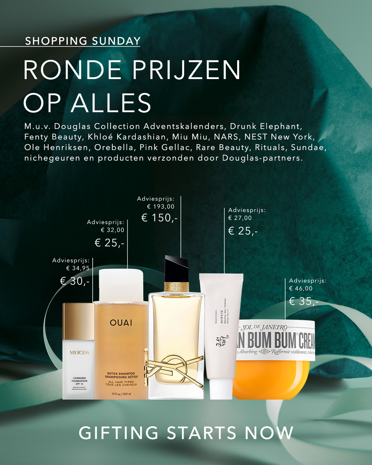 Ontdek de Shopping Sunday aanbiedingen met ronde prijzen op alles, inclusief een selectie van topmerken zoals Meroda, Ouai, Yves Saint Laurent, Beauty of Joseon en Sol de Janeiro, met kortingen tot wel €43.