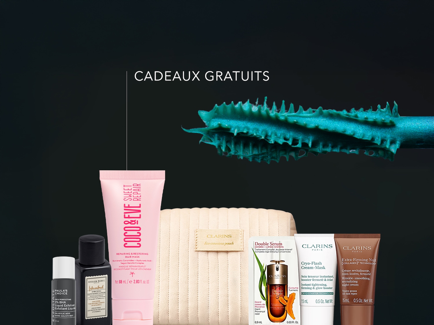 Découvrez une sélection de produits de beauté, incluant des soins pour la peau et les cheveux, présentés dans des emballages élégants et variés, avec la mention "Cadeaux Gratuits".