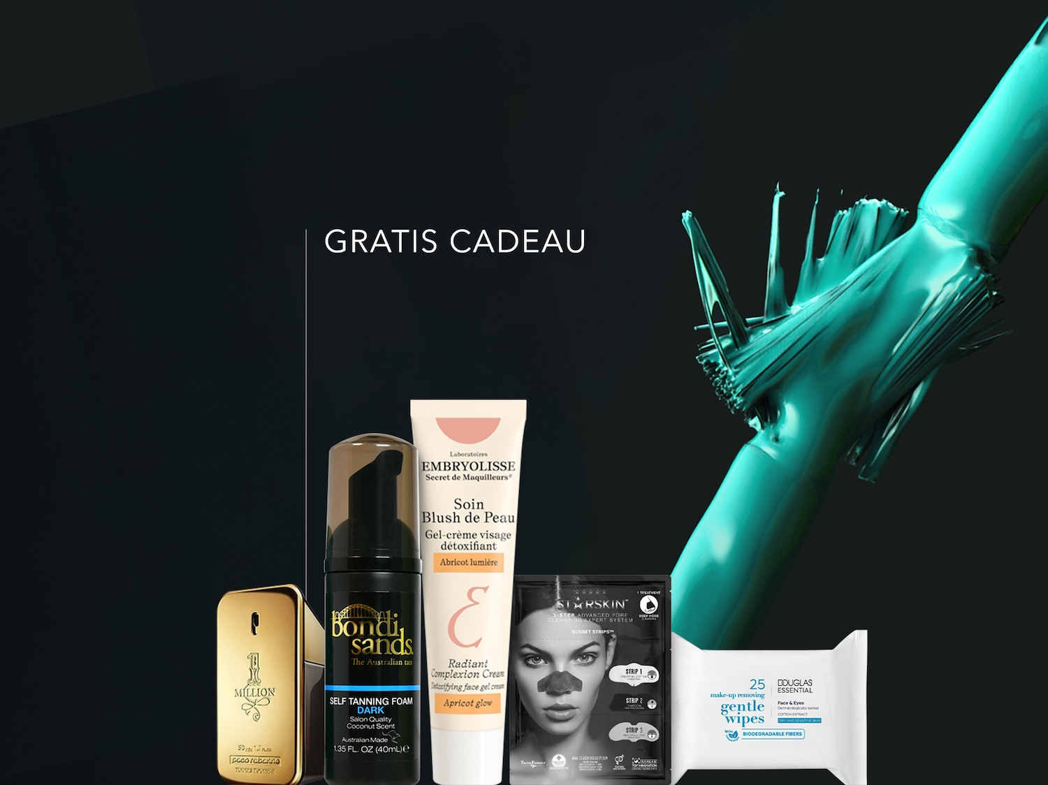 Ontdek een selectie van schoonheidsproducten, waaronder zelfbruinende mousse, gezichtscrème en make-updoekjes, gepresenteerd met de tekst 'Gratis cadeau'.