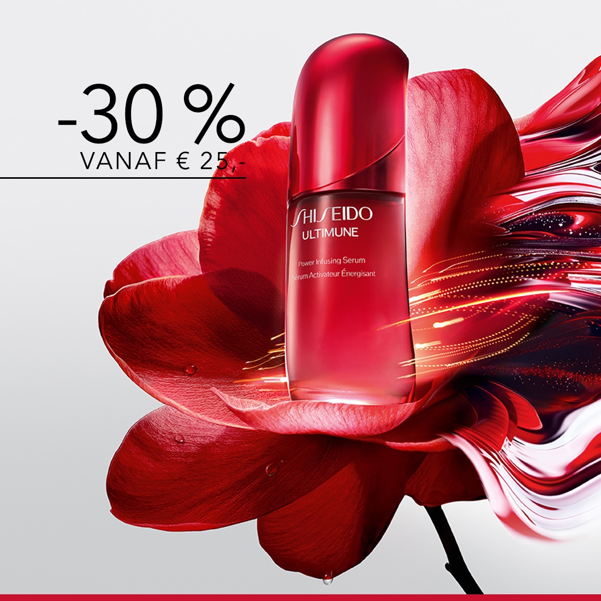 Ontdek Shiseido Ultimune Power Infusing Serum, een roodkleurig serumflesje met een korting van 30% vanaf €25, gepresenteerd op een achtergrond van rode bloemblaadjes.