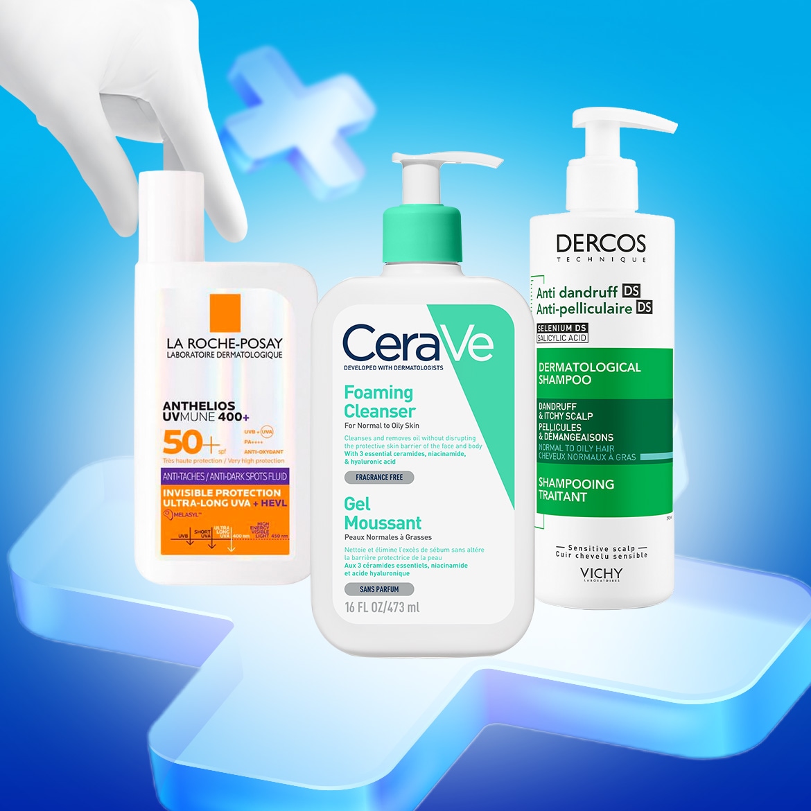 Trois produits de soin de la peau sont présentés sur un fond bleu avec un symbole plus blanc : la crème solaire La Roche-Posay Anthelios UVMune 400+, le nettoyant moussant CeraVe et le shampooing Dercos Technique Anti-Pelliculaire DS.