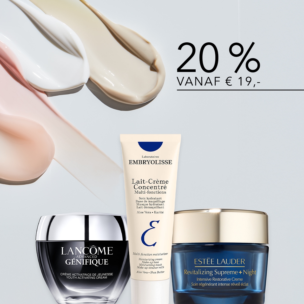 Ontdek de Embryolisse Lait-Crème Concentré, Lancôme Génifique jeugd activerende crème en Estée Lauder Revitalizing Supreme + Night crème, nu met 20% korting vanaf € 19!