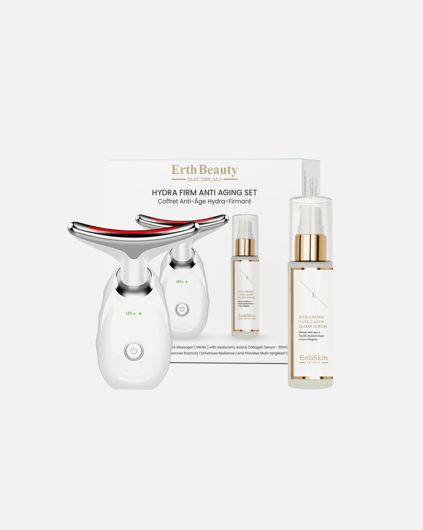 Elektrisch gezichtsmassage apparaat voor ErthSkin LondonHydra Firm Anti-Aging Set (Gezicht & Nek Massager – Wit met HA Serum)1 stuk