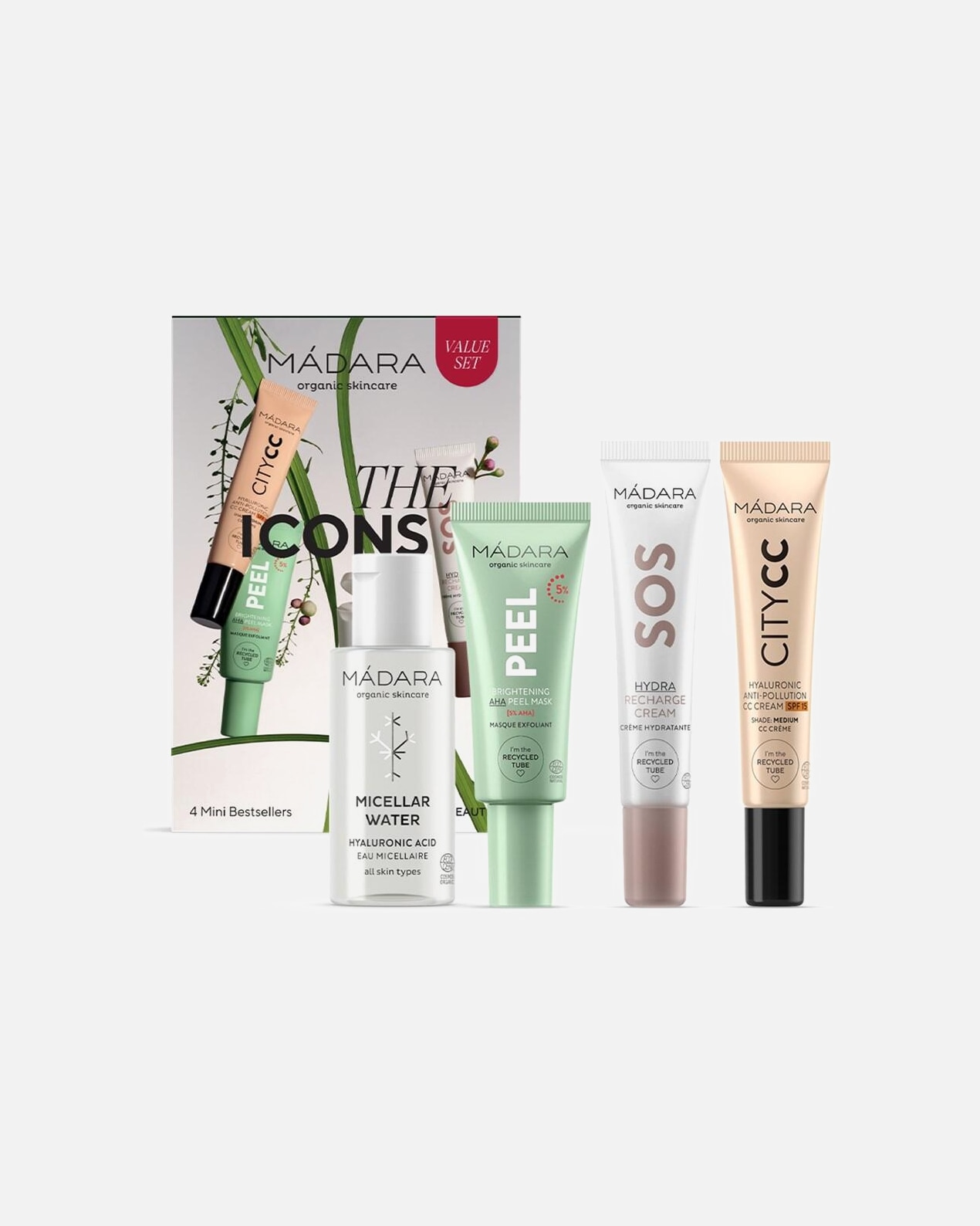 Micellair Water voor MÁDARAMedium CadeausetMicellair water 50 ml + verhelderend AHA peelingmasker 17 ml + SOS Hydra Recharge gezichtscrème 20 ml + City CC Hyaluronic Anti-vervuilingscrème SPF 15 15 ml