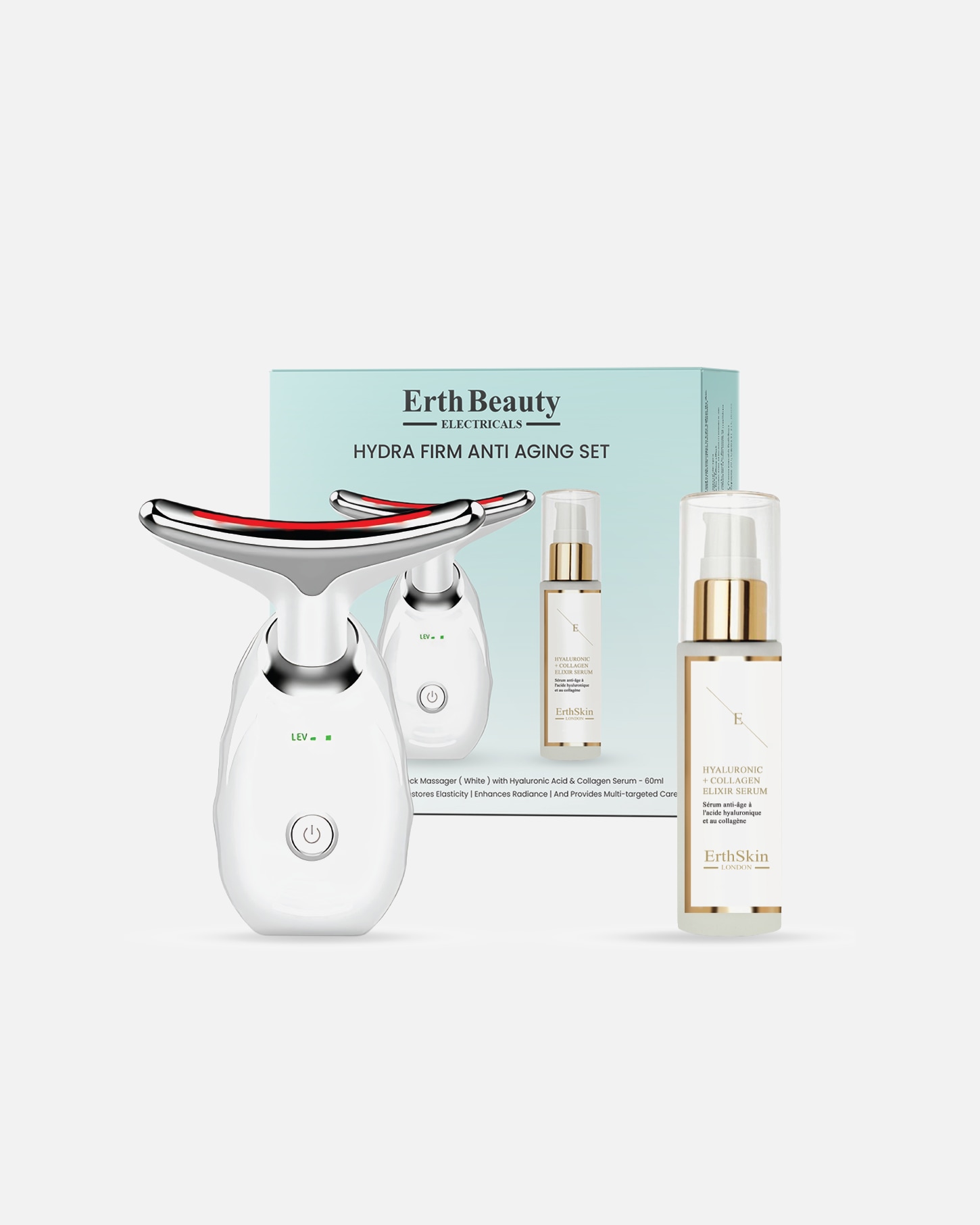 Appareil électrique de massage du visage pour FemmeErthSkin LondonCoffret anti-âge Hydra Firm (Masseur visage et cou – Blanc avec sérum HA)1 pièce