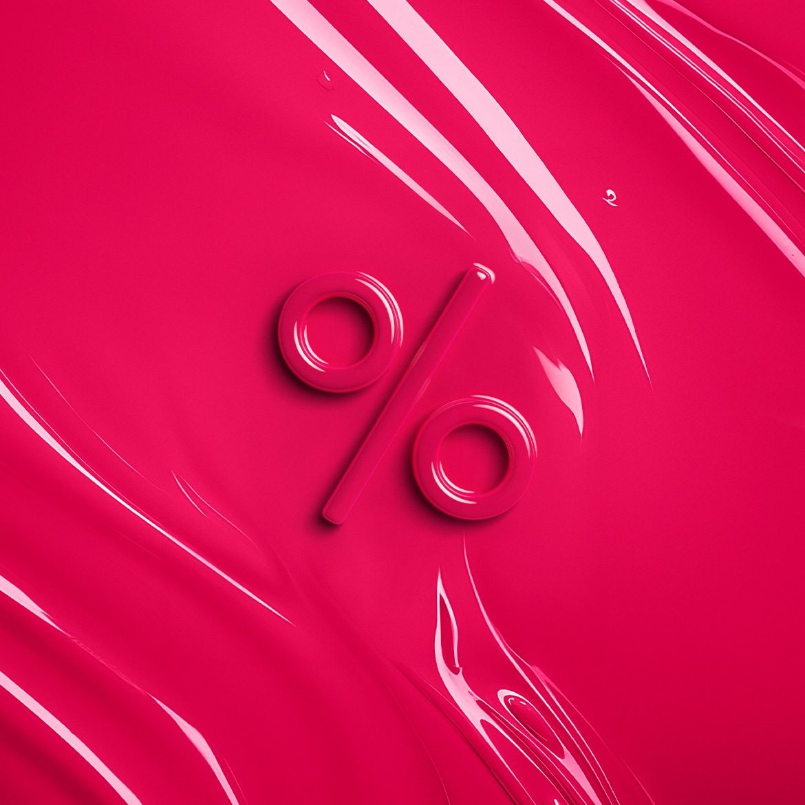 Een roze achtergrond met een glanzend, vloeibaar oppervlak en een groot, glanzend roze procentteken in het midden, wat kortingen en aanbiedingen symboliseert.