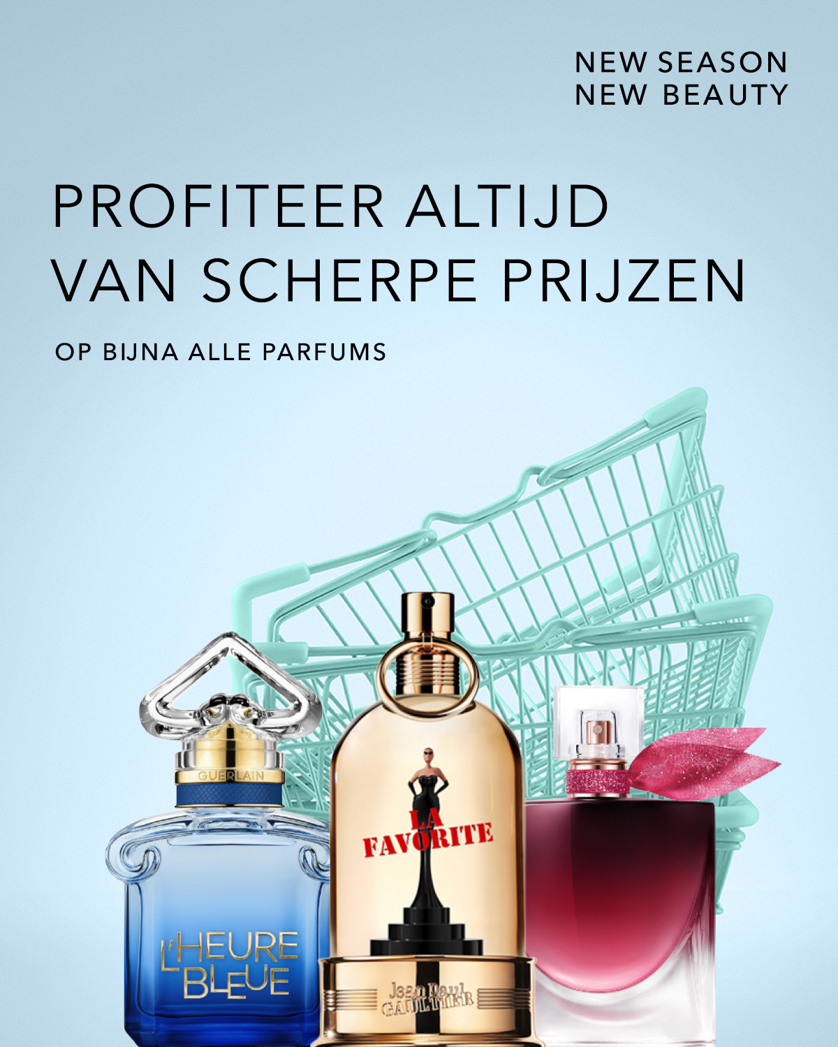 Ontdek de nieuwe collectie en geniet van scherpe prijzen op bijna alle parfums, met een blauwe Guerlain, een gouden Jean Paul Gaultier "La Favorite" en een rood-paarse Lancôme parfumfles, omringd door winkelmandjes.