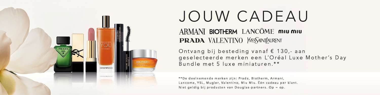 Verwen jezelf met een luxe Mother's Day Bundle van L'Oréal met miniaturen van Prada, Biotherm, Armani, Lancome, YSL, Mugler, Valentino en Miu Miu bij besteding vanaf € 130.
