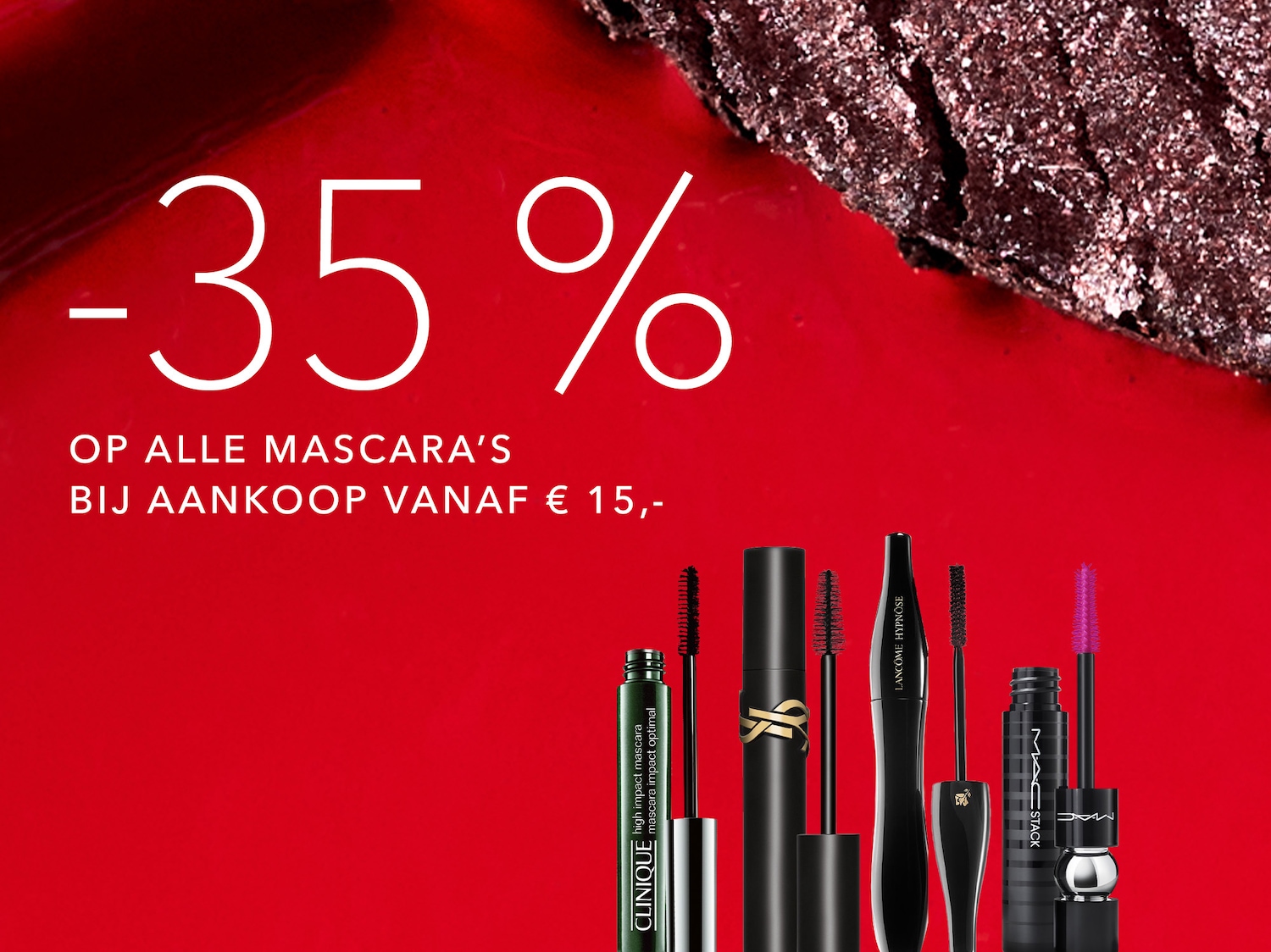 Profiteer van 35% korting op alle mascara's bij aankoop vanaf € 15,-, met een selectie van topmerken zoals Clinique, Yves Saint Laurent, Lancôme en MAC.